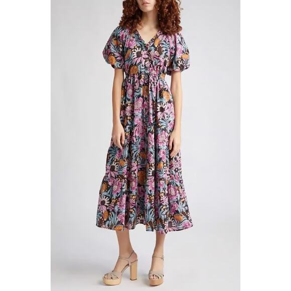 Banjanan Poppy Floral Print Organic Cotton Midi Dress Black Beauty Purple EUC - Picture 3 of 16